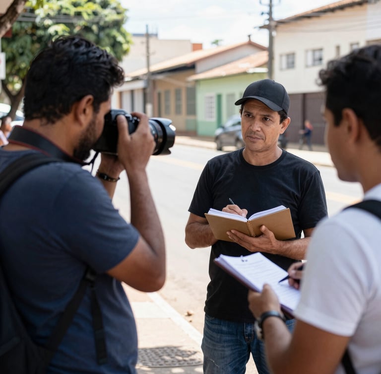A local Brazilian journalist with a camera and notebook interviewing a person on a sunny street in Campo Grande, natural daylight, candid photojournalism
