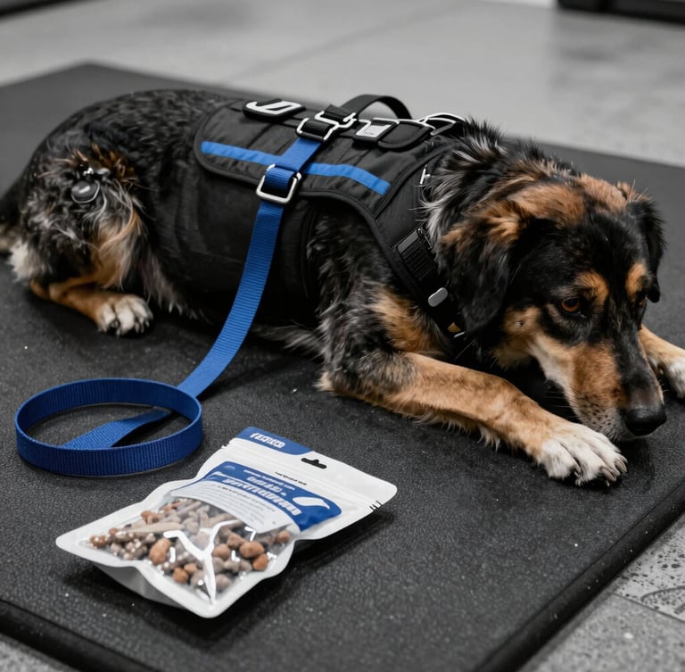 Close-up of a service dog's training vest, leash, and a bag of treats, laid out on a dark training mat under natural overcast daylight, high-contrast desaturated tones with blue accents, sharp focus, 35mm lens