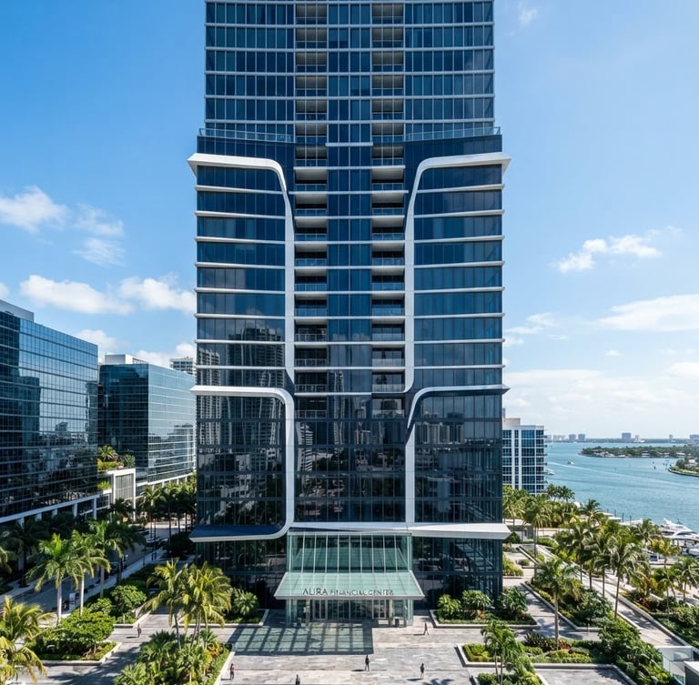 Crisp architectural photography of a modern high-rise glass office building in Florida, bright natural daylight, sharp focus, 35mm