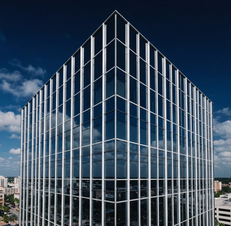A sharp architectural crop of a modern corporate skyscraper corner in Orlando, bright natural daylight, clean glass reflections, deep navy sky, 35mm
