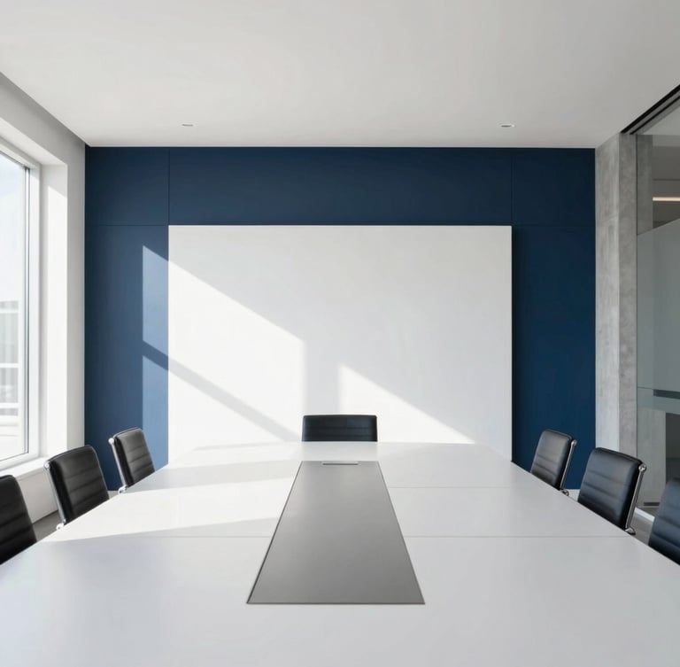High-key portrait-oriented photograph of a modern, sunlit meeting room in Orlando, clean lines, minimalist concrete and navy accents, bright natural daylight.