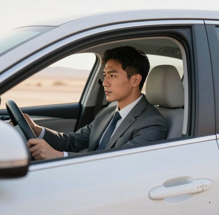 Medium shot of a clean, modern sedan interior, a business professional working comfortably in the back seat, bright daylight through the window, sharp focus, 35mm.