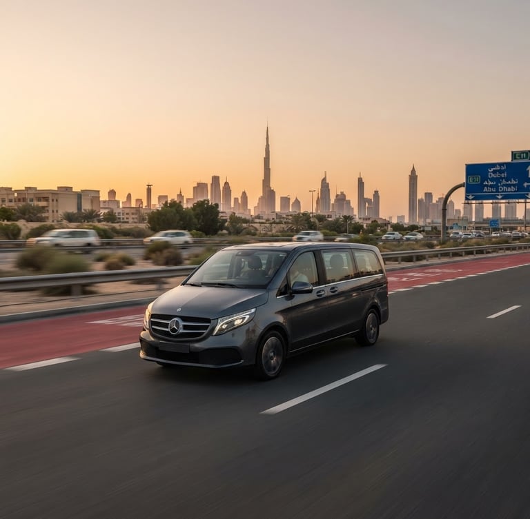 Modern, clean multi-passenger sedan driving on the E11 highway at golden hour, Dubai skyline visible in the distance, sharp focus. Professional automotive photography, bright desert daylight, warm golden hour tones.