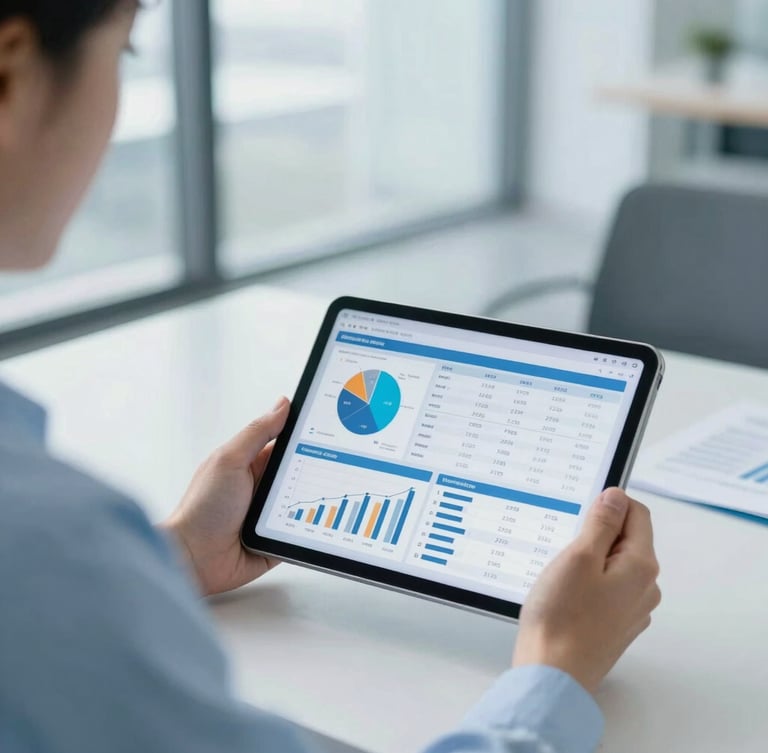 Healthcare executive reviewing financial data on a tablet in a modern, clean office, cool-toned daylight, professional editorial style, shallow depth of field, focused on the data, off-center