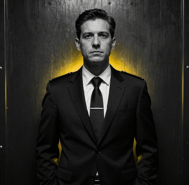 A low-key, high-contrast black-and-white portrait of a discrete operator in a dark tailored suit, sharp yellow backlighting outlining the silhouette against a dark brushed metal wall.