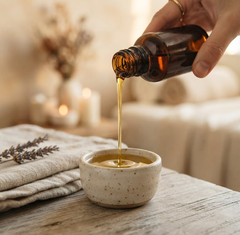 Close-up of golden massage oil being poured slowly into a small ceramic vessel, warm diffused golden-hour light, shallow depth of field, minimalist luxury spa setting.