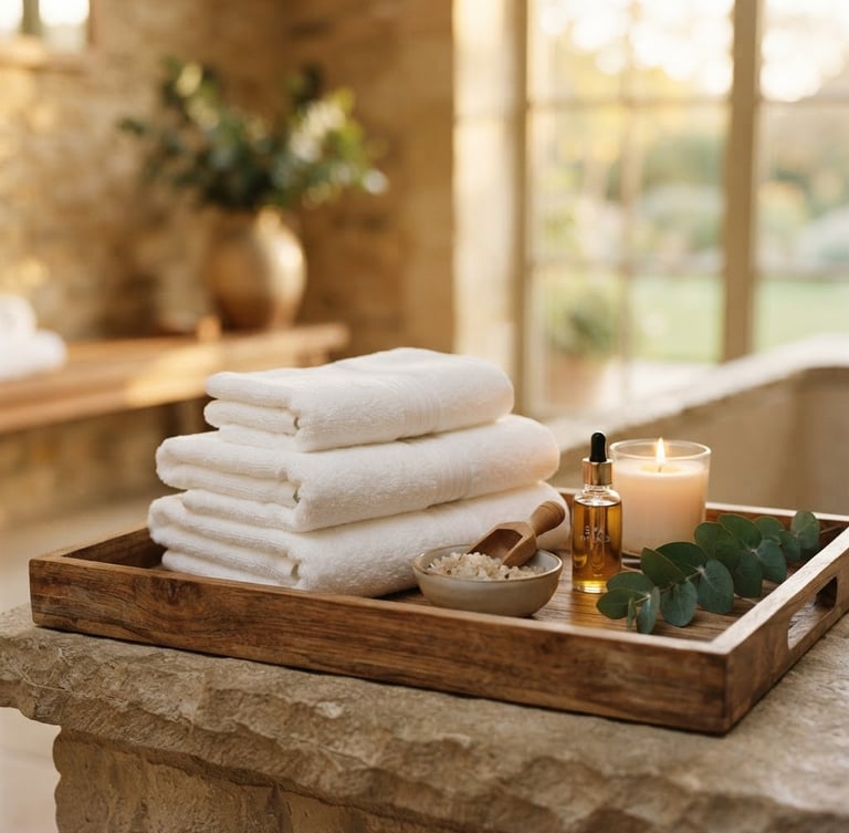 Warm editorial photography of a luxury spa setup, folded pristine white towels on a wooden tray, soft golden-hour light, shallow depth of field, 35mm