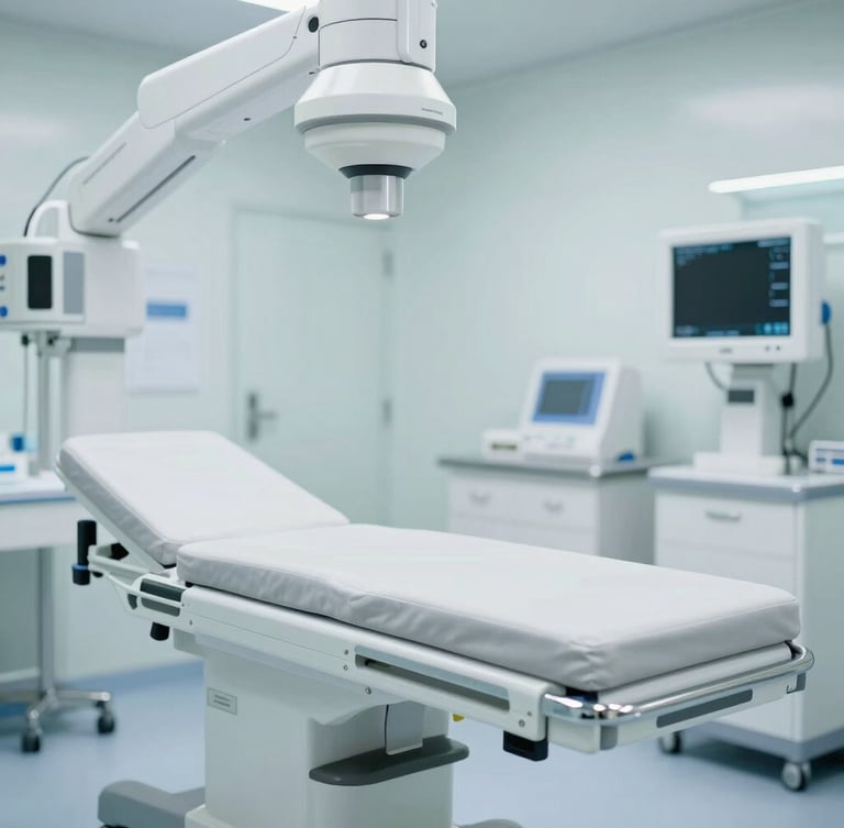 modern clinical photography, bright cool daylight with subtle cyan undertones, clean high-tech medical environment, shallow depth of field, 35mm