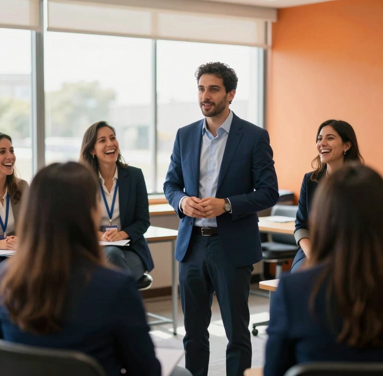 A dynamic corporate workshop in progress in Mexico, a facilitator guiding active participants who are laughing and collaborating, warm natural window light, professional setting