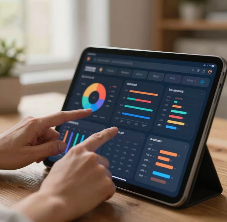 Close-up of a modern tablet displaying an AI performance dashboard with charts, warm indoor lighting, hands pointing at metrics