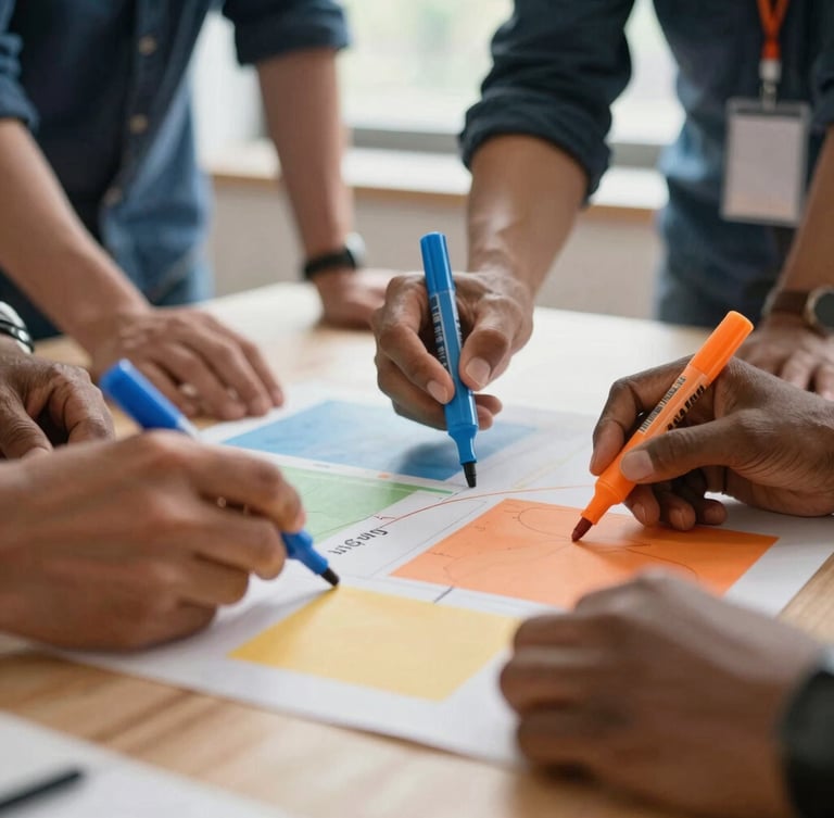 Close-up of diverse professional hands collaborating over a colorful workshop board, warm lighting, electric blue and orange markers, shallow depth of field, 35mm lens
