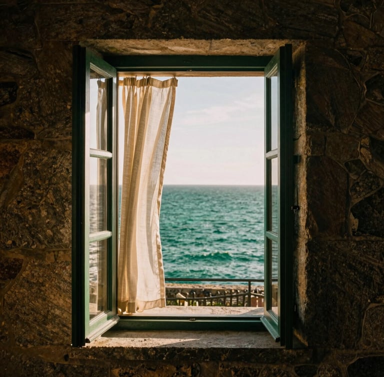 An open window of a traditional Galician stone villa, looking out onto the deep green Atlantic ocean, soft golden hour light, linen curtains blowing gently, 35mm