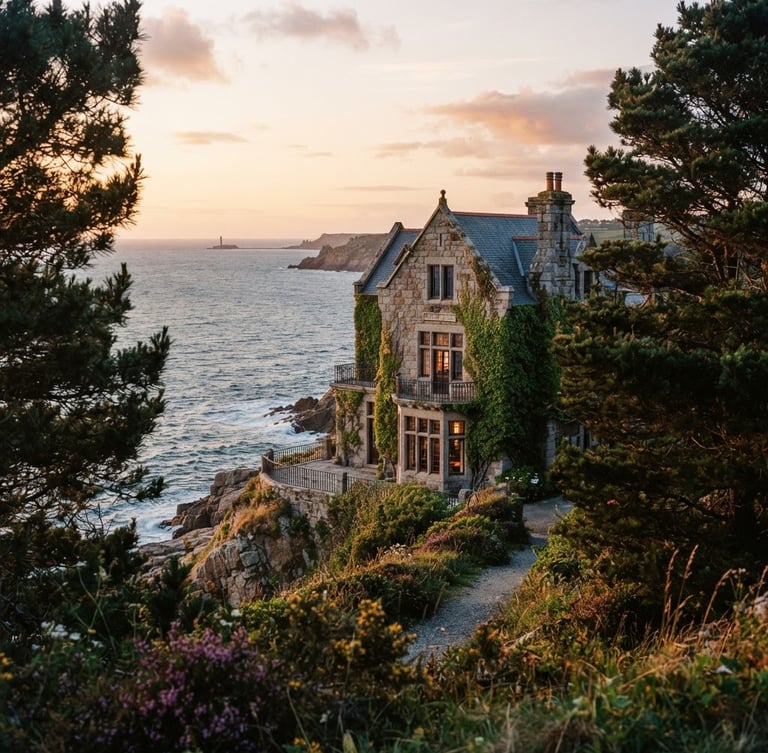 Vertical portrait of a historic granite stone villa overlooking the Atlantic ocean, soft golden hour coastal glow, deep green pine trees framing the side, warm editorial photography, 35mm