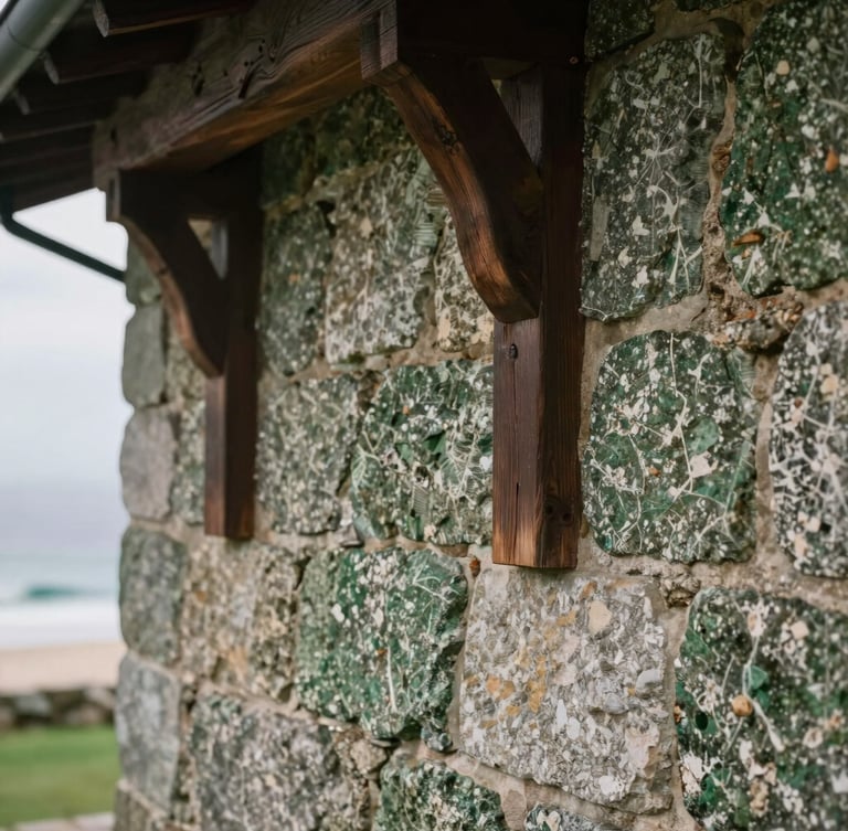 Close-up of weathered Galician granite stone wall and dark oak wood beams of an estate, soft Atlantic overcast daylight, focus on texture and craftsmanship, shallow depth of field, 35mm.
