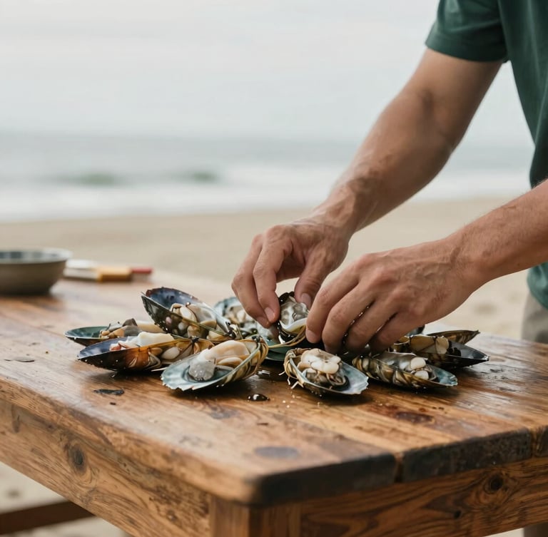 Vertical portrait of hands preparing fresh local seafood on a rustic wooden table, soft Atlantic overcast daylight, shallow depth of field, warm heritage-driven editorial photography