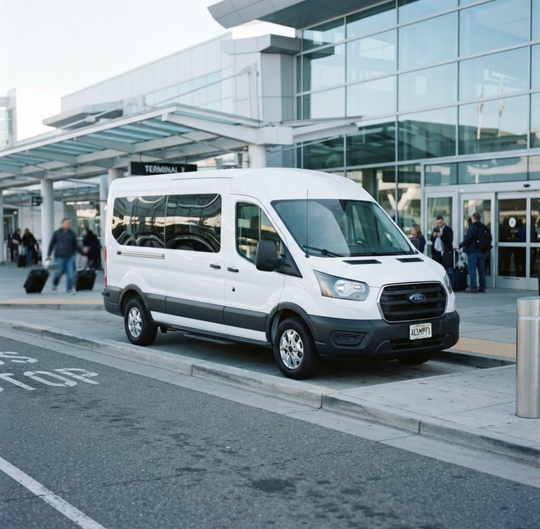 A clean modern shuttle van parked at a terminal curb in bright morning daylight, crisp commercial photography, cool tones