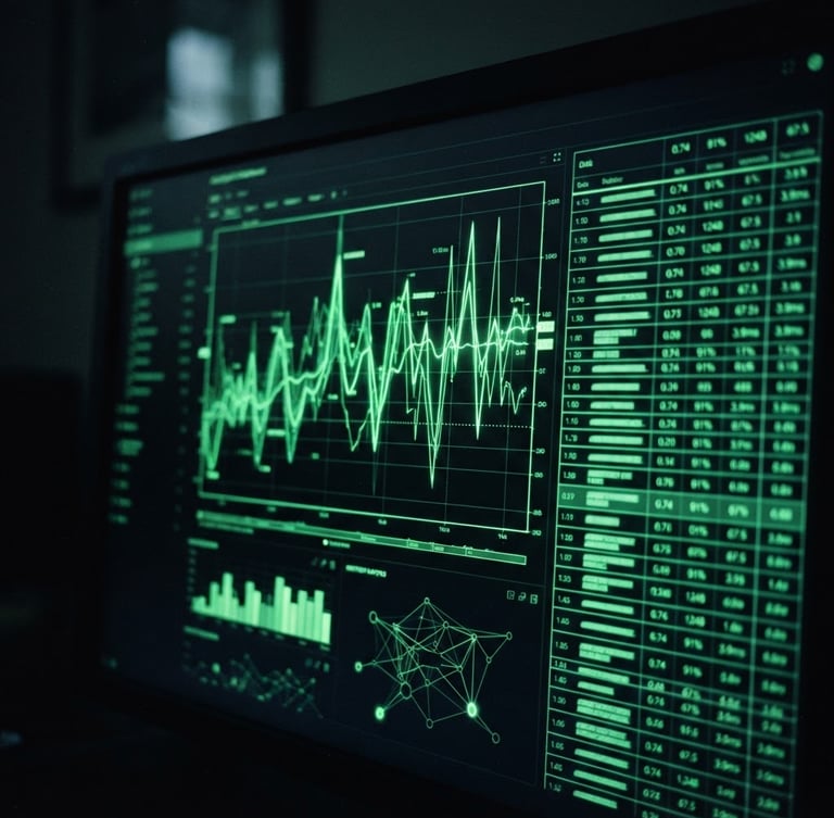 Macro close-up of a high-contrast analytical dashboard on a dark monitor, glowing neon green line charts and data tables, moody low-key ambient light, 35mm photography