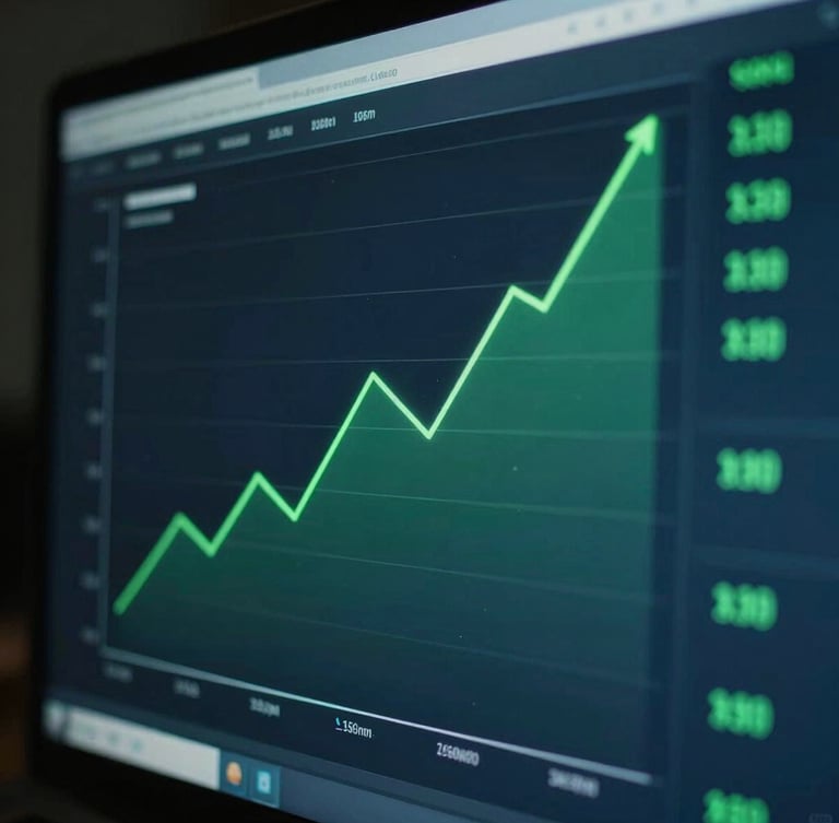 Close-up of a digital ad manager screen showing rising green trendlines and conversion metrics, cool blue screen reflections, moody low-key lighting, 35mm