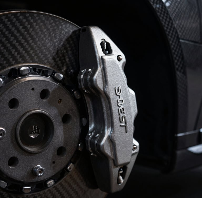 Macro close-up of a pristine metallic Peugeot brake caliper, dark carbon fiber background, dramatic low-key studio lighting with sharp silver rim highlights