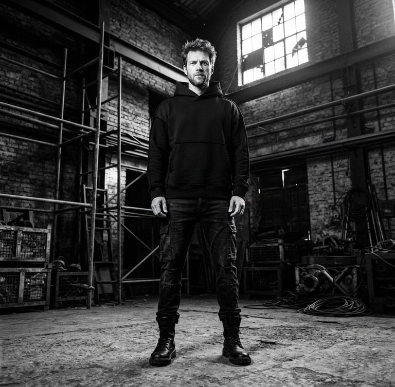 Low-angle high-contrast black and white editorial shot of a model wearing a structured heavyweight black hoodie in an industrial Mumbai warehouse, sharp shadows, 35mm film grain