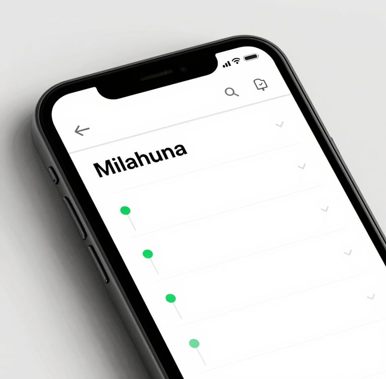 Crisp editorial mockup of the milestone tracking UI on a clean device screen, natural side-lighting, high-contrast charcoal and white interface with sharp signal-green status indicators.