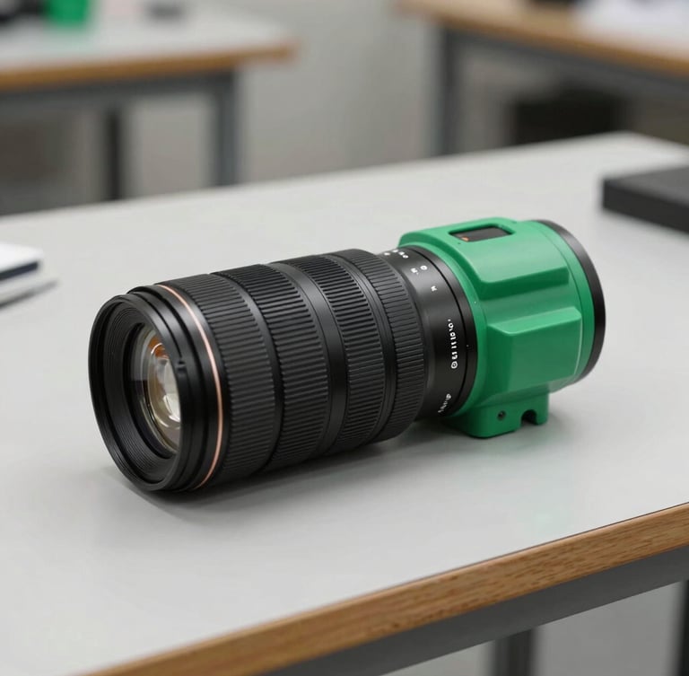 Crisp editorial photo of a physical prototype on a workshop table under neutral studio side-lighting, green accent details visible, sharp 35mm lens focus.