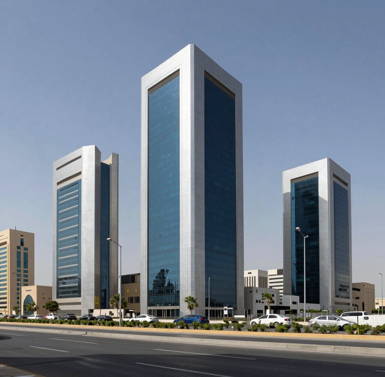 Wide architectural shot of King Fahd Road business hub in Riyadh, clean high-contrast daylight, deep navy and silver tones, sharp focus.