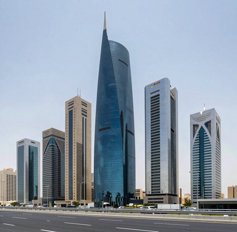 Wide architectural shot of the King Fahd Road financial district in Riyadh, clean high-contrast daylight with deep navy and silver tones.