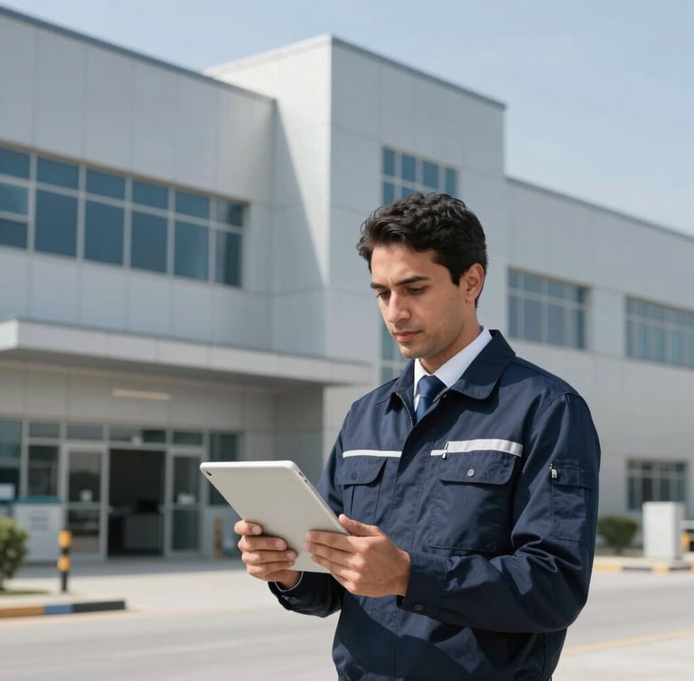 A professional field auditor holding a digital tablet in front of a modern commercial distribution facility in Saudi Arabia, bright daylight, sharp focus.