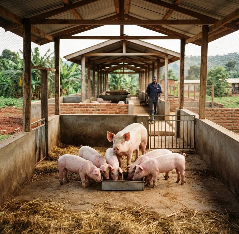 Wide shot of a clean, modern piggery structure in Gayaza, Uganda, with healthy pigs in well-lit, structured pens, natural equatorial daylight, shallow depth of field, 35mm.