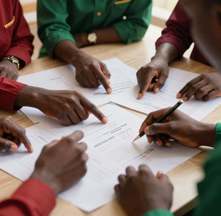 Ugandan agency team members mapping out digital marketing strategies on parchment paper, hands pointing to notes, warm equatorial daylight, shallow depth of field, 35mm