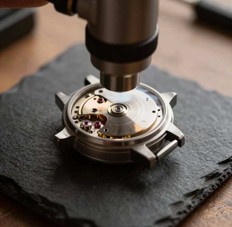 Macro close-up of a vintage watch movement under a professional inspection loupe on a dark slate worktop, warm natural side-lighting casting rich metallic textures and deep shadows, 50mm lens.