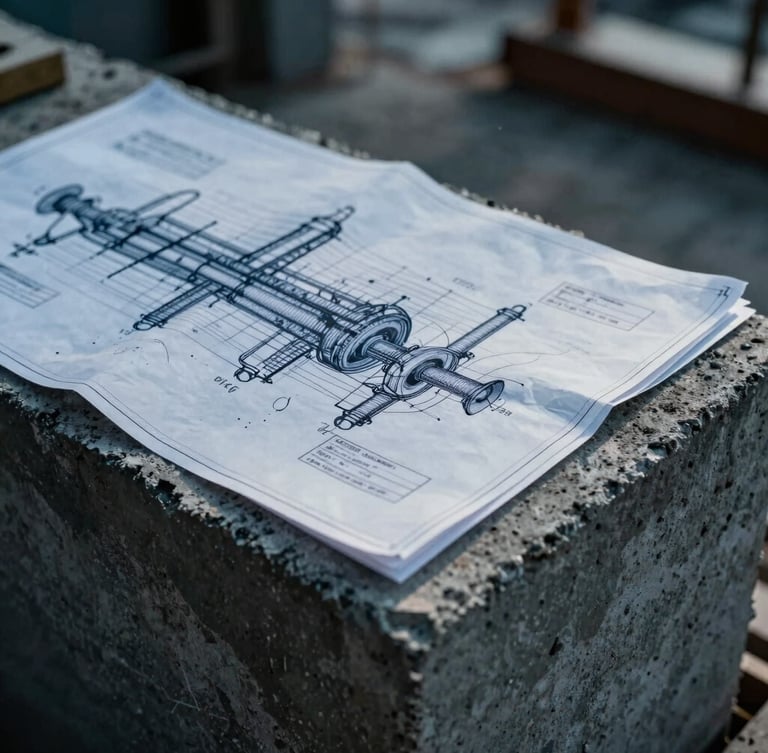 A close-up macro shot of industrial blueprints laid out on a weathered concrete block at an active project site, dramatic side-lighting, cool overcast tones.