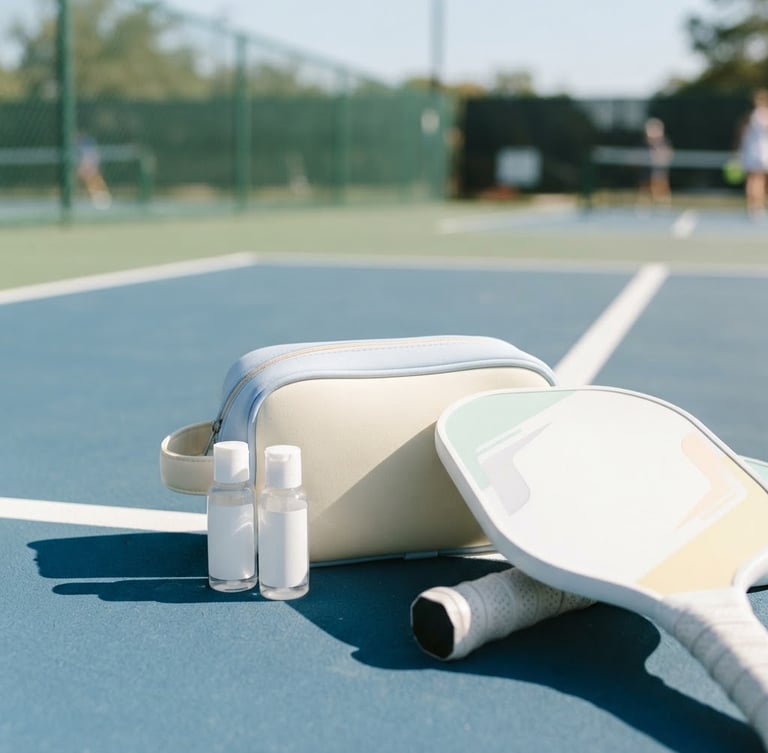 Dynamic shot of MERCED Skinplus Pickleball Essentials Kit, bottles clearly visible, placed next to a pickleball paddle on a sun-drenched outdoor court, bright natural sunlight, clean sporty pastel tones, sharp focus, wide angle.