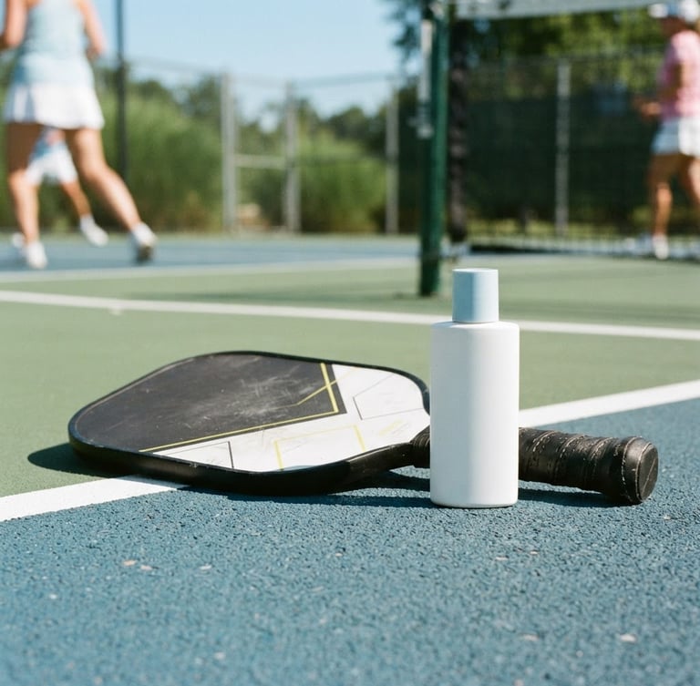 A close-up of a pickleball paddle resting on a court surface next to a clean MERCED Skinplus product bottle, bright natural sunlight, crisp shadows, 35mm lens.