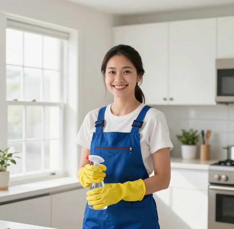 Bright high-key photography of a smiling professional female cleaner in a clean, airy Cincinnati home kitchen, natural daylight streaming through windows, 35mm
