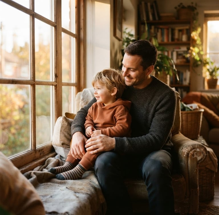 A warm environmental shot of a father and child sitting by a sunlit window, soft golden-hour light filtering in, shallow depth of field, authentic moment.