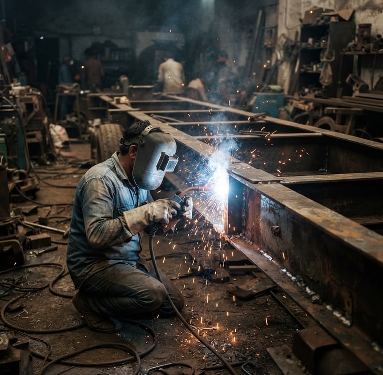 Low-angle gritty shot of a heavy-duty tractor trailer frame being welded in a dusty Jaunpur workshop, bright yellow sparks flying, dramatic arc light, 35mm lens