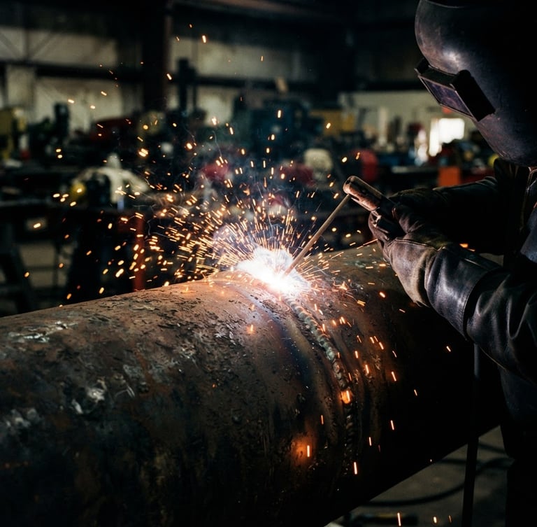 Close-up of sparks flying from a heavy-duty welding arc on a thick steel pipeline, dark workshop background, high contrast safety yellow light, 35mm lens.