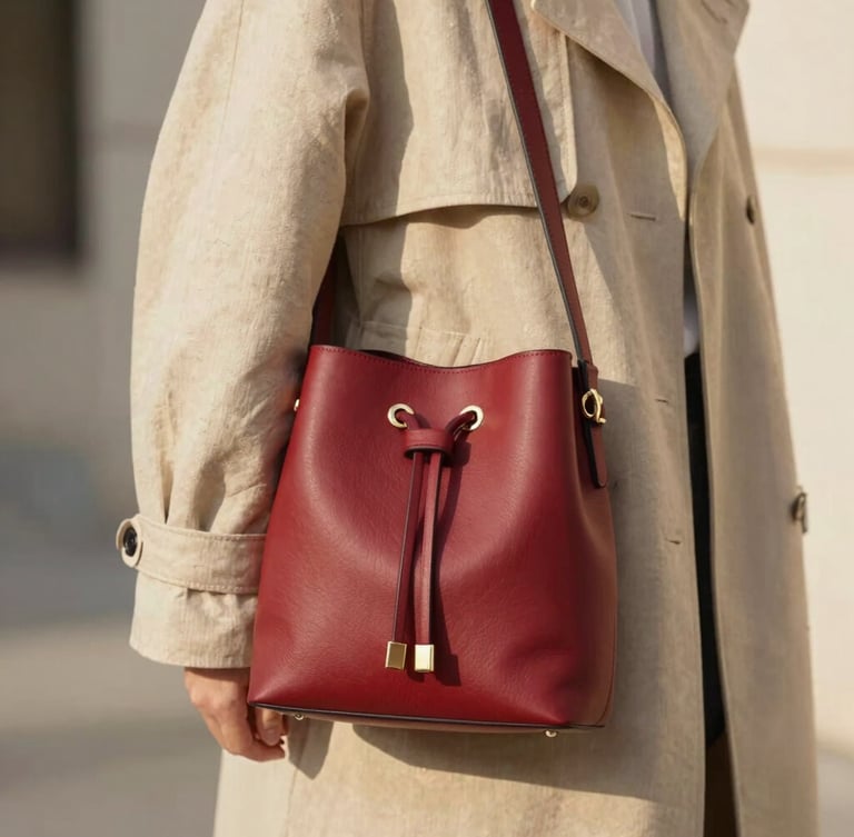 Close-up of a model in a beige linen trench coat holding a cherry-red bucket bag, soft natural afternoon light, 35mm style.
