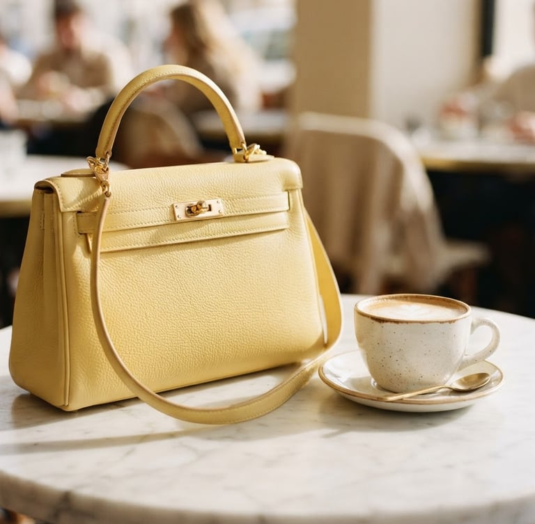 Editorial close-up of a butter-yellow east-west handbag resting on a white marble cafe table next to a small ceramic coffee cup, soft warm afternoon sunlight, gentle shadows, 35mm