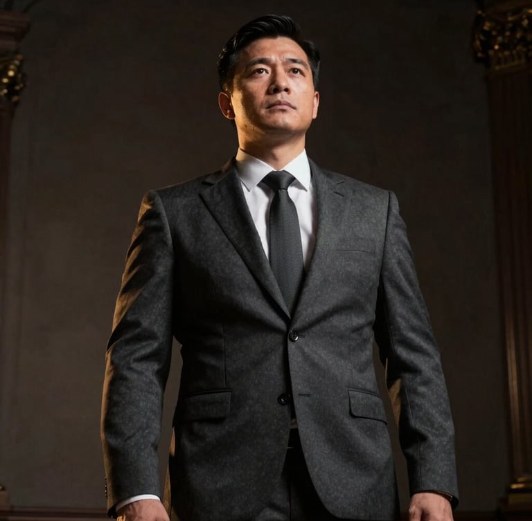 Low-angle dramatic portrait of an elite legal professional in a tailored charcoal suit, low-key lighting with warm gold highlights, professional and authoritative stance, 35mm