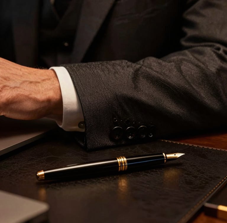 Dramatic close-up of a tailored executive suit sleeve and a fountain pen resting on a dark leather desk, low-key lighting, warm gold accents, sharp focus, editorial style.