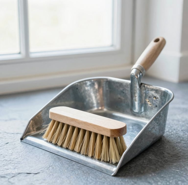 Close-up of a heavy galvanized steel dustpan and unvarnished beechwood brush resting on a slate floor, bright natural window light, sharp focus