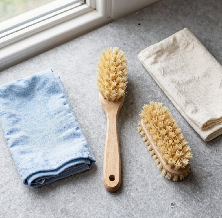 Overhead flat-lay of natural fiber cleaning brushes and linen cloths arranged on a gray stone surface, bright natural window light, clean sharp focus, 35mm
