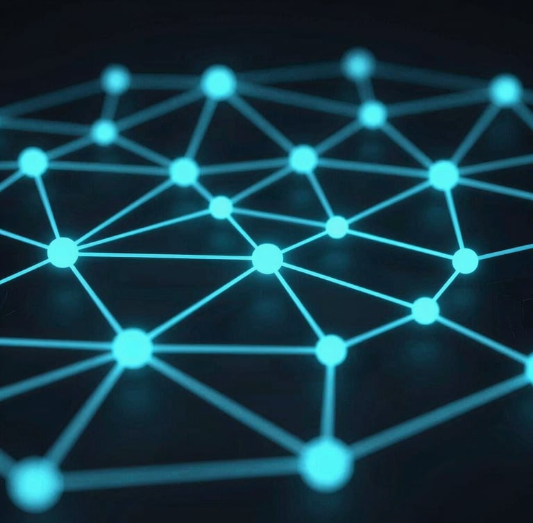Sleek 3d render of abstract glowing cyan network nodes on a dark background, macro close-up, high-tech command center aesthetic