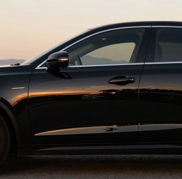 Cinematic side profile of a pristine black executive sedan parked in San Francisco at golden hour, soft gold reflections on polished obsidian paint, 35mm