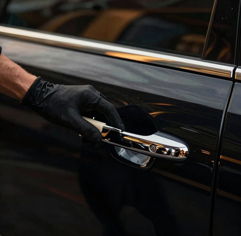 Close-up of a professional detailer's gloved hand polishing the chrome door handle of an immaculate black luxury car, low-key lighting, 35mm