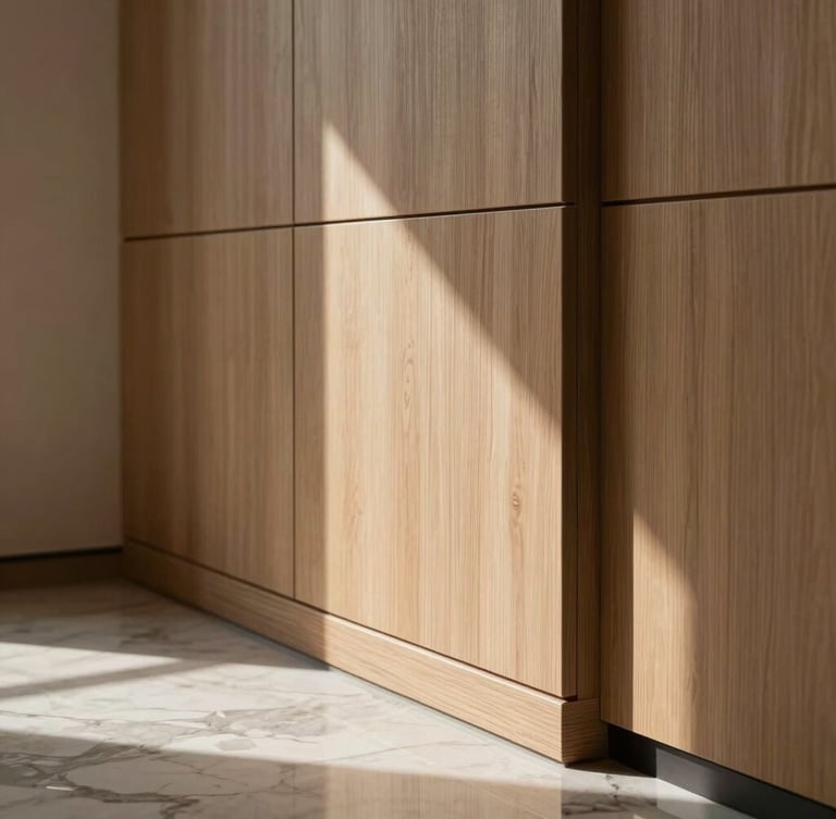 A close-up of premium interior finishes inside a luxury residence, soft diffused afternoon light casting gentle shadows on natural timber paneling and polished marble flooring, showcasing elegant craftsmanship.