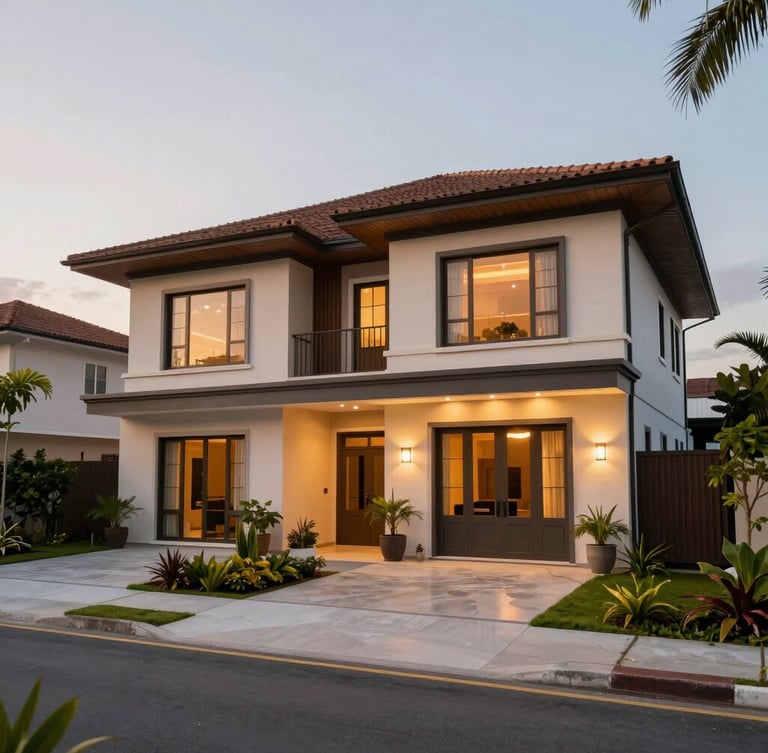 Wide environmental shot of a modern Malaysian semi-detached house with elegant warm lighting during golden hour, emphasizing clean architectural lines and lush greenery.